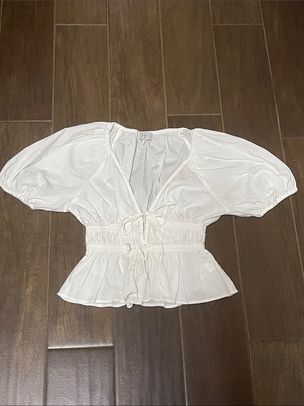Wayf White Puff-Sleeve Tie-Front Peplum Blouse